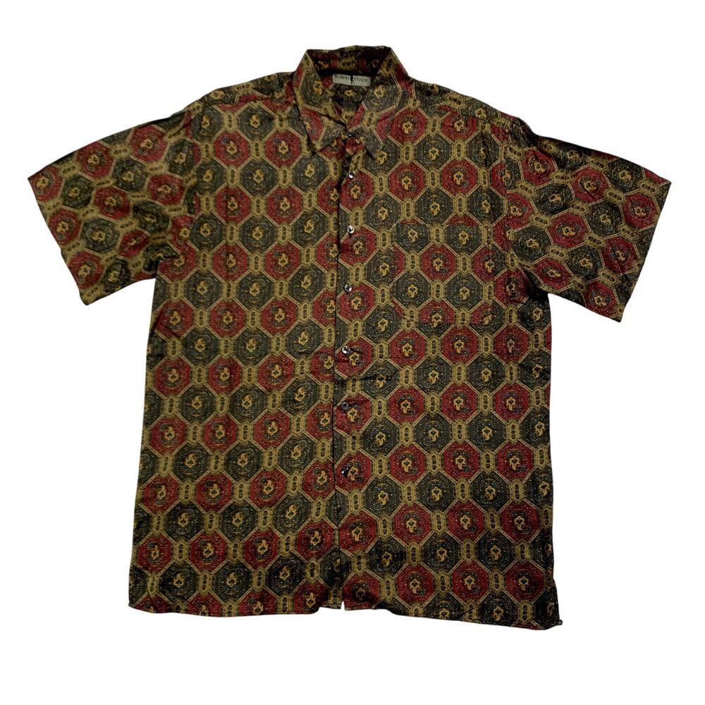 90s Silk Dark Academia Damask Eclectic BOHO Green Button Down Large